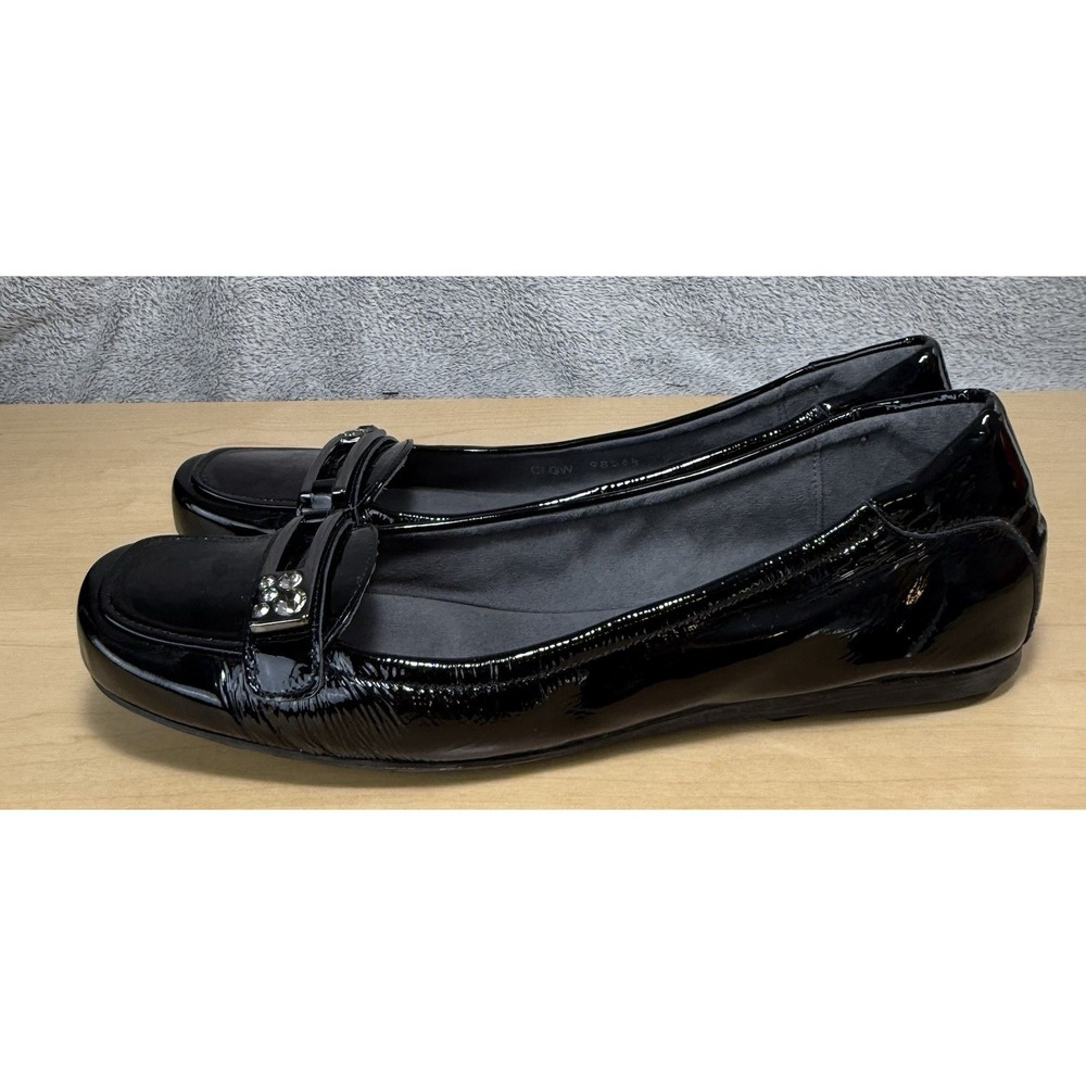 Stuart Weitzman Black Patent Leather Flats Loafer Shoes Rhinestone‎ Size 9M